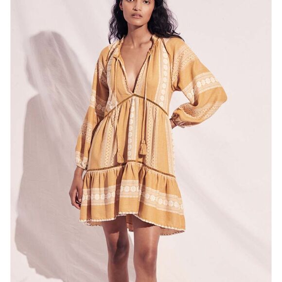 SAYLOR Brene Boho Tassle Mini Dress Gold Medium - Picture 1 of 5